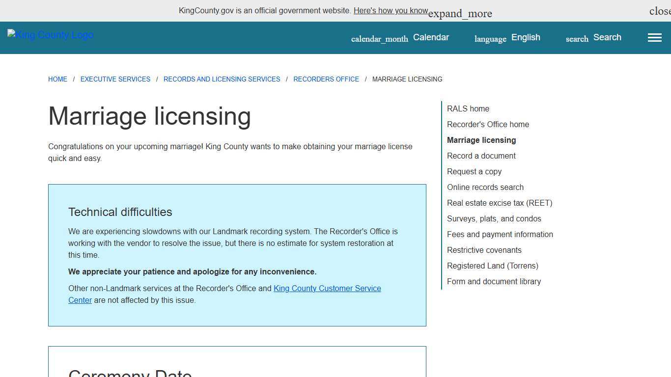 Marriage licensing - King County, Washington